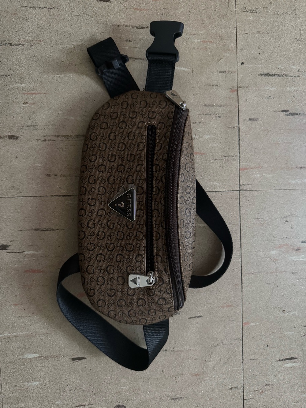 GUESS Brown Monogram woman’s Belt Bag with Black Strap